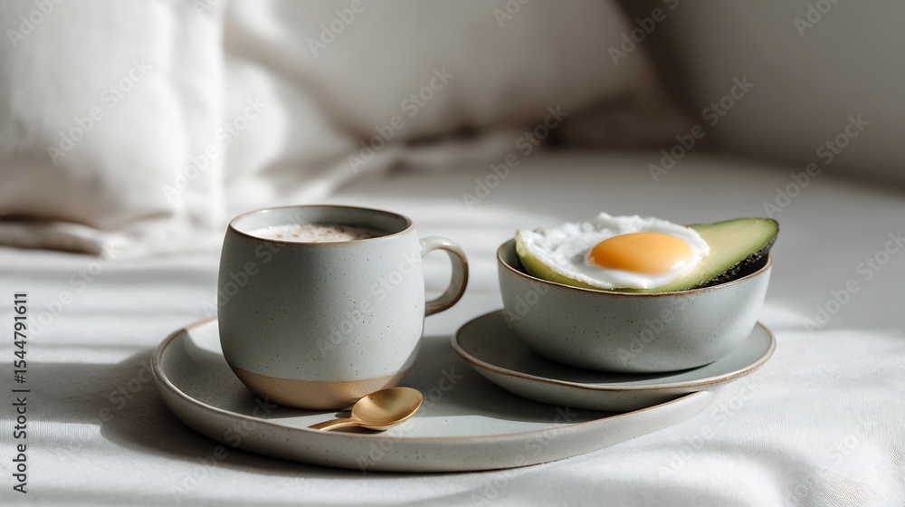 Healthy breakfast in bed: coffee cup and avocado egg bowl perfect morning Healthy breakfast in bed: coffee cup and avocado egg bowl perfect morning