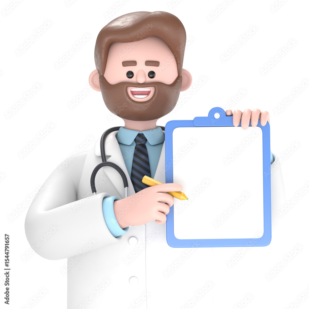 3D illustration of Male Doctor Iverson shows finger up holds blank clipboard.Transparent Background Mockup.Supports PNG files with transparent backgrounds. 3D illustration of Male Doctor Iverson shows finger up holds blank clipboard.Transparent Background Mockup.Supports PNG files with transparent backgrounds.