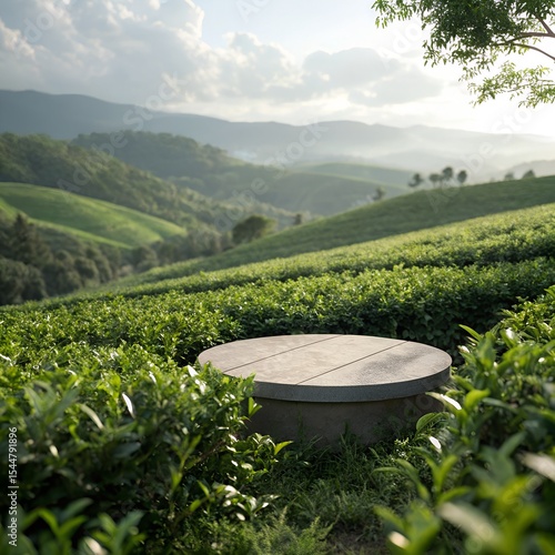 Stone Platform in a Lush Green Tea Plantation with Mountain Views