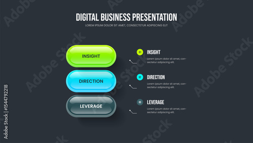 Business Forecast Presentation Design Vector Illustration. Enterprise Plan Three Step Diagram Slide Layout. Marketing Insight 3 Element Infographic Frame Template.