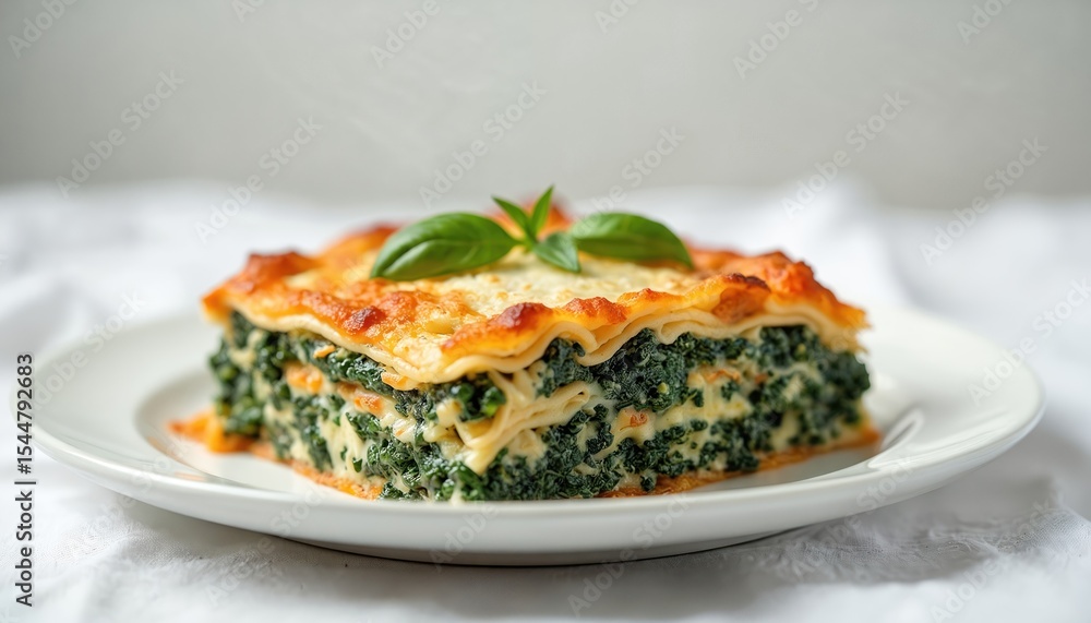 Delicious homemade spinach feta cheese lasagna ready to serve on white plate. Italian cuisine dish with layers pasta cheese spinach, herbs, basil, perfect baked. Delicious homemade spinach feta cheese lasagna ready to serve on white plate. Italian cuisine dish with layers pasta cheese spinach, herbs, basil, perfect baked.