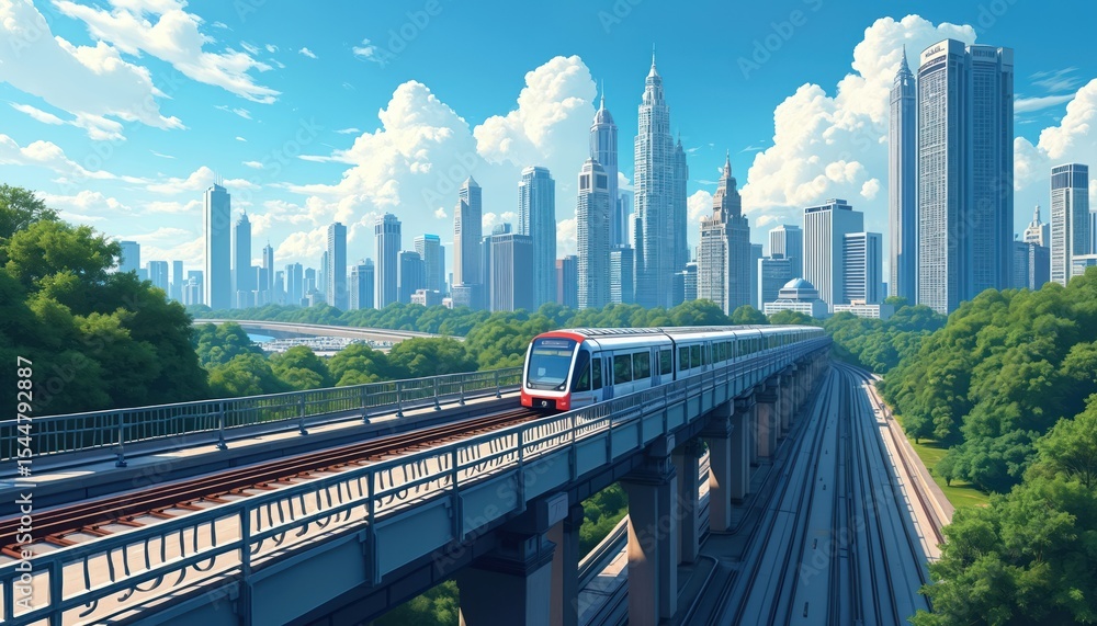 Obraz premium MRT train travels above Kuala Lumpur cityscape. Modern rapid transit, public transportation. Metro, subway train on elevated rail. Urban infrastructure, transport system. Travel, commute to work,