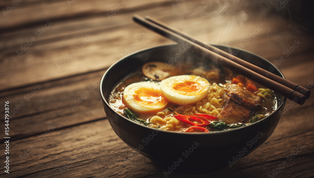 Ramen Bowl with Soft-Boiled Eggs and Toppings
Ramen Bowl with Soft-Boiled Eggs and Toppings