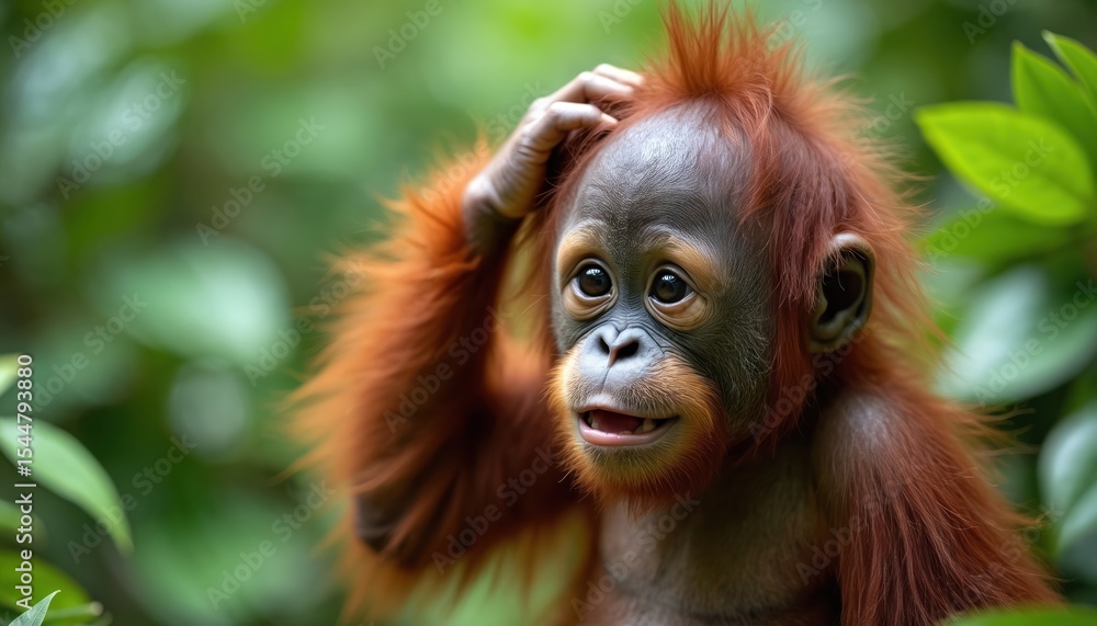 Naklejka premium Adorable baby orangutan scratching head, surrounded rich green foliage. Curious primate looking at camera, playful, expressive. Wildlife portrait in natural environment, rainforest.