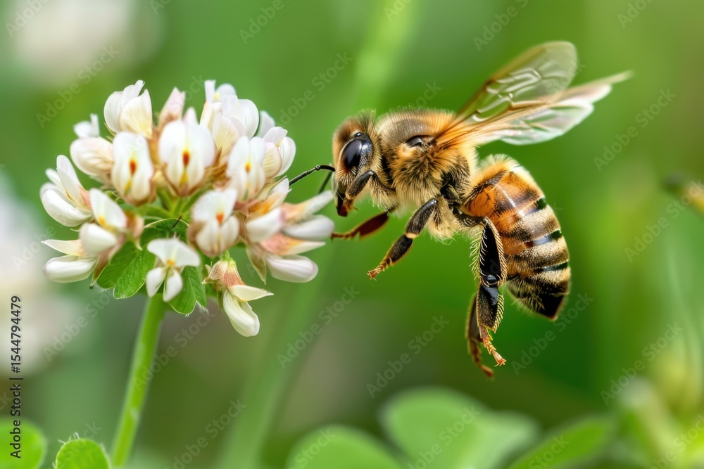 Honey bee flying and approaching white clover flower to collect nectar Honey bee flying and approaching white clover flower to collect nectar