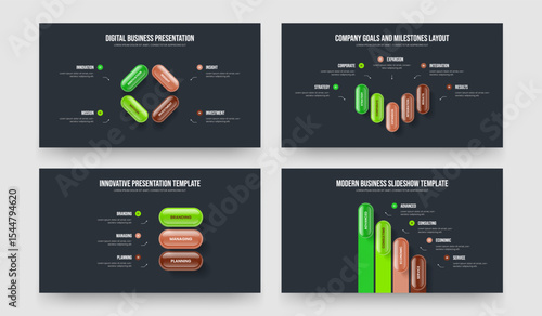 Digital Launch Four Five Three Four Element Diagram Frame Design Vector Illustration Collection. Financial Campaign 4 5 3 4 Step Infographic Slideshow Layout Set.