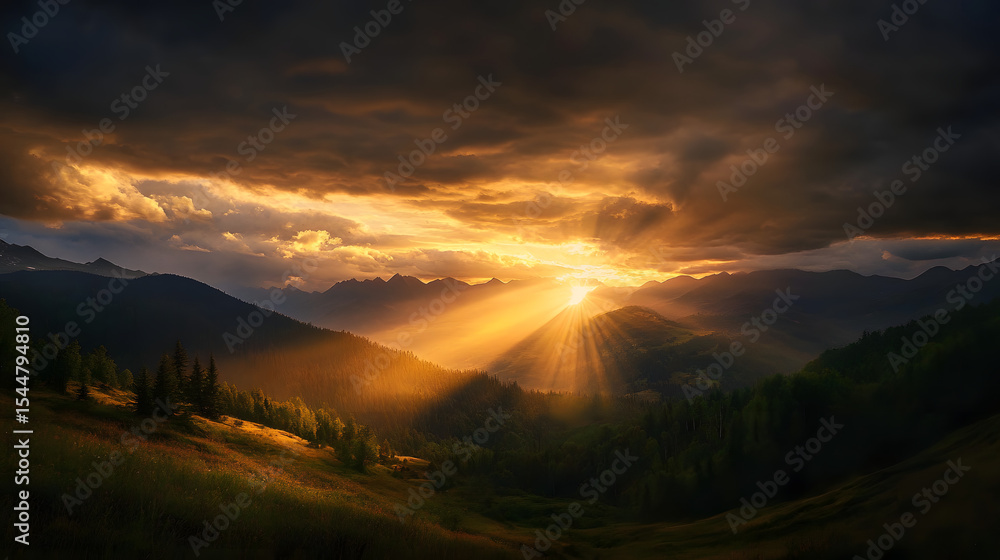 Fototapeta premium A scenic view of a mountain sunset with golden rays piercing through dark clouds over a valley.