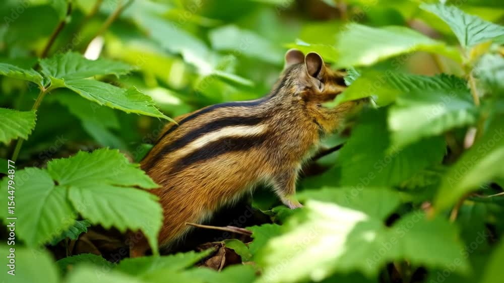 A chipmunk scurries amidst vibrant green leaves A chipmunk scurries amidst vibrant green leaves