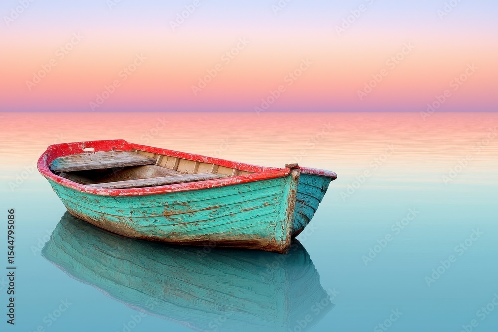 Naklejka premium Weathered Rowboat at Sunset on Calm Water