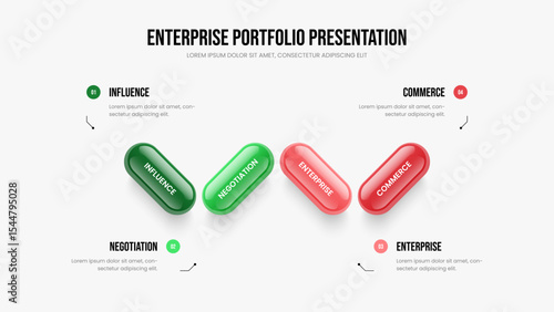 Advertising Showcase 4 Step Infographic Slide Template. Marketing Innovation Four Element Diagram Slideshow Layout. Consulting Strategy Presentation Design Vector Illustration.