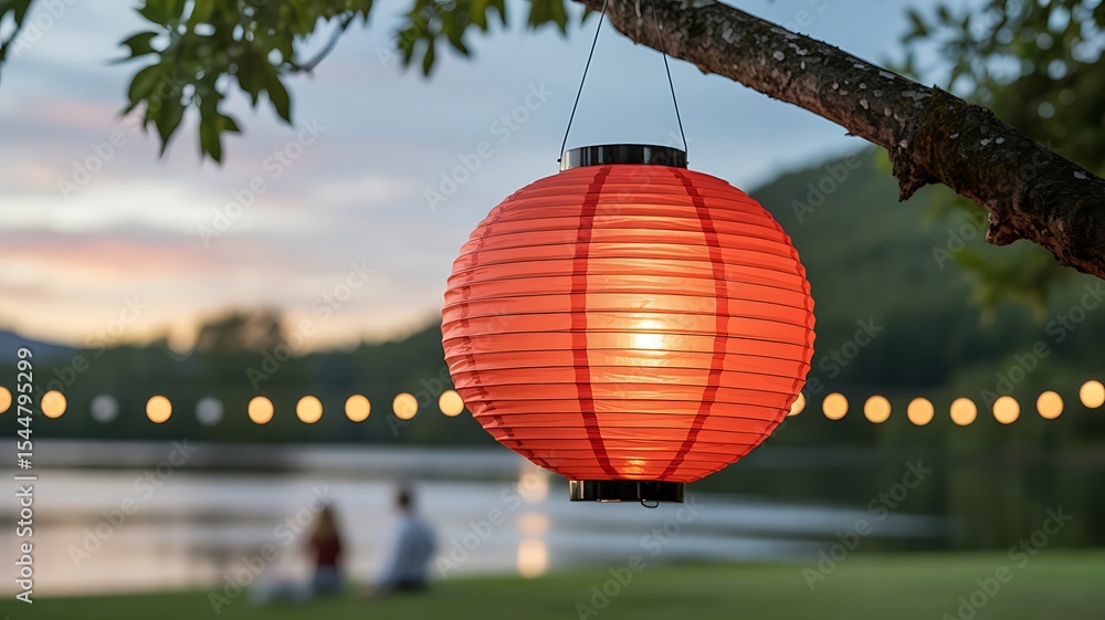 Obraz premium Red and yellow balloons and red and white paper lanterns decorate the blue sky, celebrating a festive Asian holiday