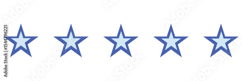 Blue star icon set on a white background.  Five stars for product reviews or ratings, apps, and more. Blue star icon logo. 