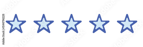 Blue star icon set on a white background.  Five stars for product reviews or ratings, apps, and more. Blue star icon logo. 