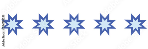 Blue star icon set on a white background.  Five stars for product reviews or ratings, apps, and more. Blue star icon logo. 