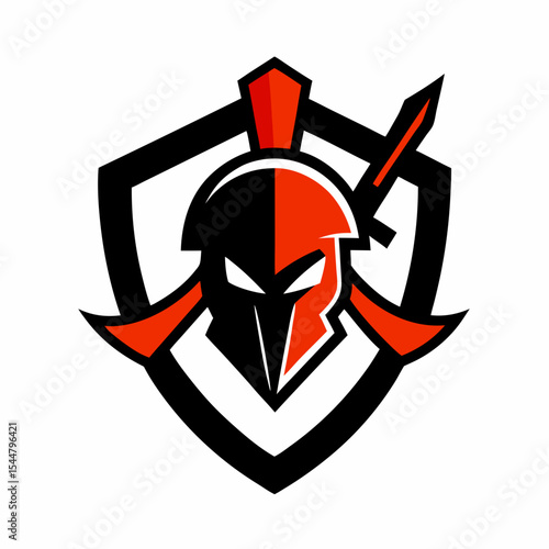 Spartan warrior helmet logo design with shield and sword