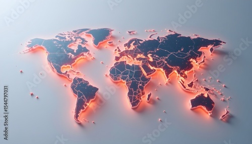 Fototapeta Naklejka Na Ścianę i Meble -  stock photo, 3d render of a glowing world map made of interconnected puzzle pieces, symbolizing global strategy, international business solutions, and market integration, sharp focus