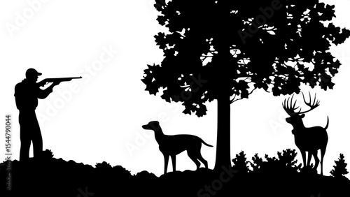 "Classic hunting silhouette in black and white: hunter on left mid-ground taking aim, hunting dog rigidly poised between him and a deer on the right, in a forest edge setting. Balanced composition and