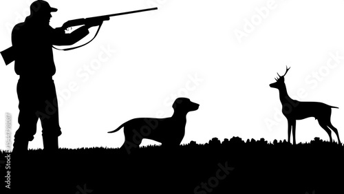 "Simple, high-contrast black and white silhouette art of a hunting scene: a man with a rifle on the left, aiming at a deer on the right, with a dog standing in the middle, all in static poses. The set
