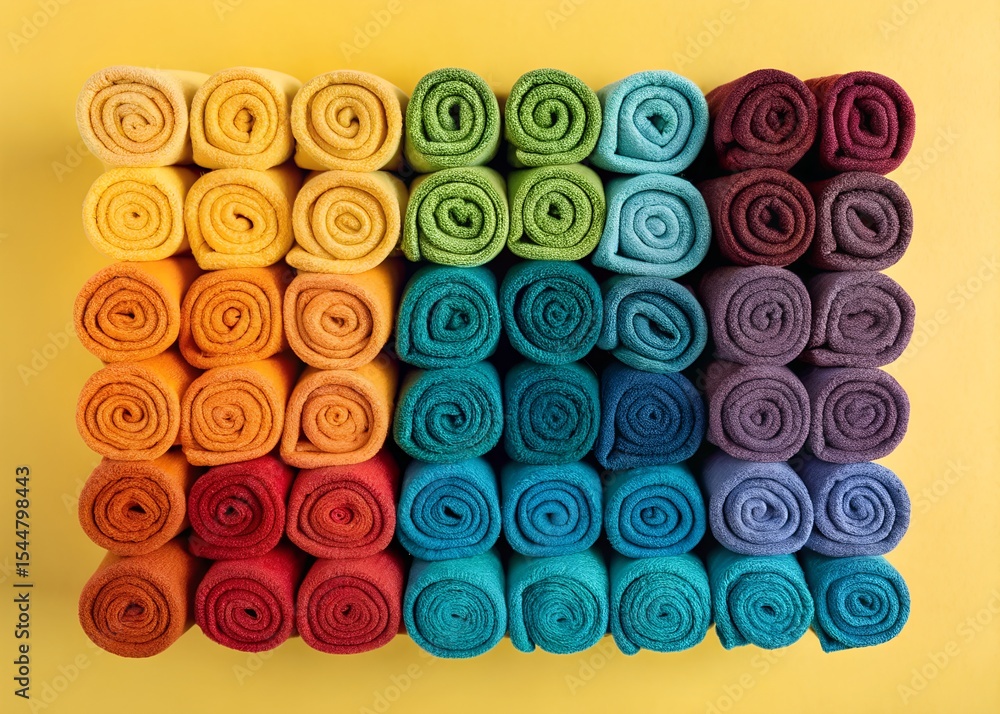 Colorful Rolled Towels in Rainbow Stack on Yellow Colorful Rolled Towels in Rainbow Stack on Yellow