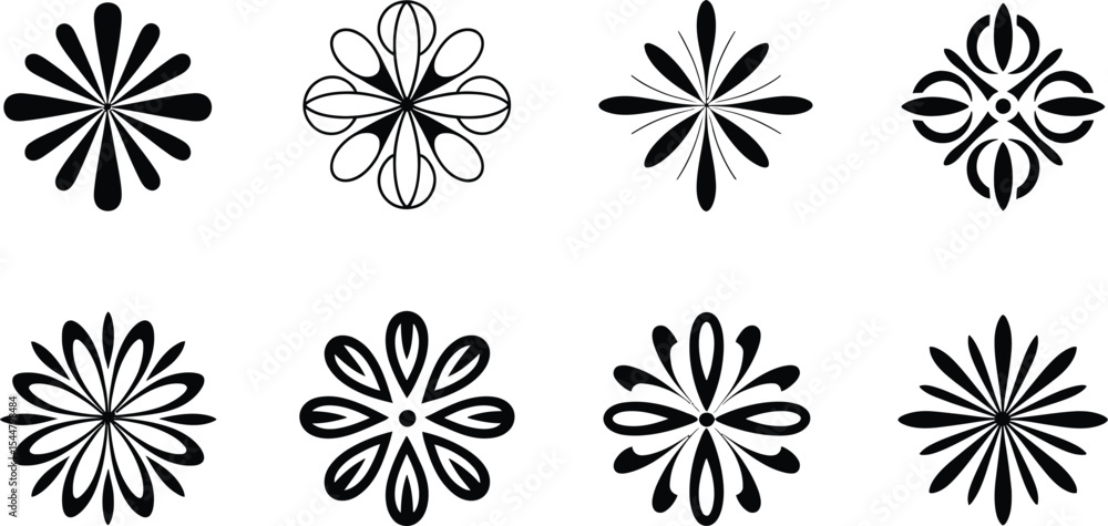 Eight black and white geometric floral designs Eight black and white geometric floral designs