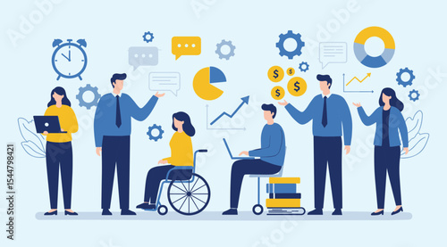 Diverse Workplace Collaboration Demonstrating Teamwork, Data Analysis, Financial Growth, and Inclusive Business Operations for Modern Organizational Success flat vector illustration