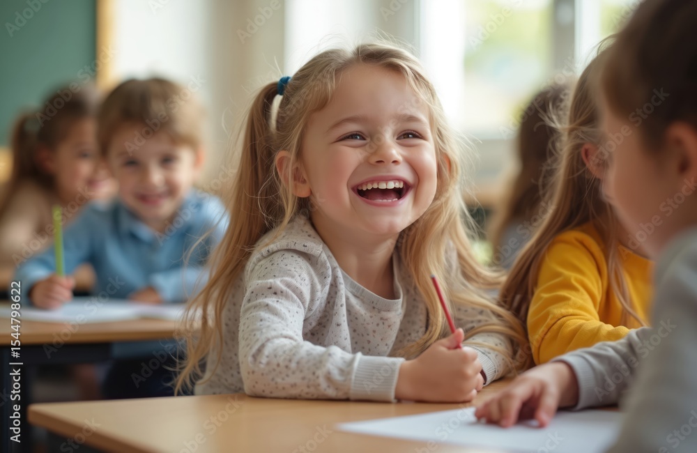 Happy girl laughs in elementary school class. Smiling student with friends. Joyful child with blond hair at desk. Learning, studying, education, back to school, lesson. Happy girl laughs in elementary school class. Smiling student with friends. Joyful child with blond hair at desk. Learning, studying, education, back to school, lesson.