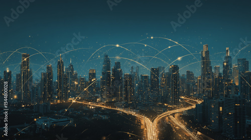 sunrise Aerial view of Smart digital Innovation city with connection network reciprocity over the cityscape. of future smart wireless digital city and social media networking systems that connects

