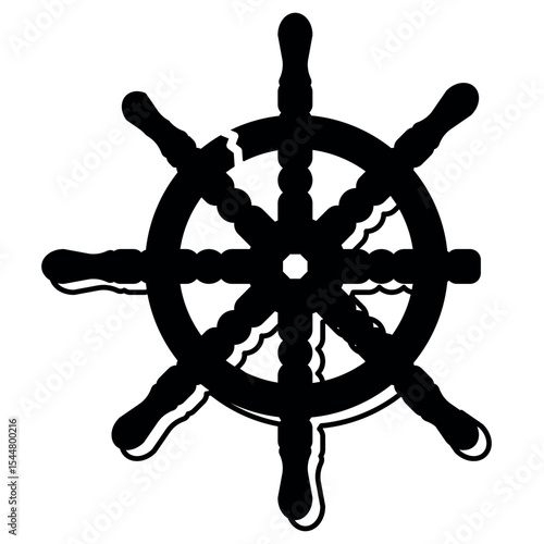Silhouette of a ship wheel with one broken spoke, symbolizing navigation, maritime heritage, or nautical adventure with a rustic, vintage touch.