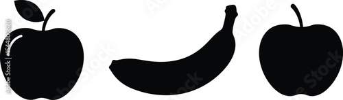 Black silhouette fruit illustration, apple banana apple design, vector isolated fruits, healthy eating icon, minimalist fruit graphic, editable food symbol template