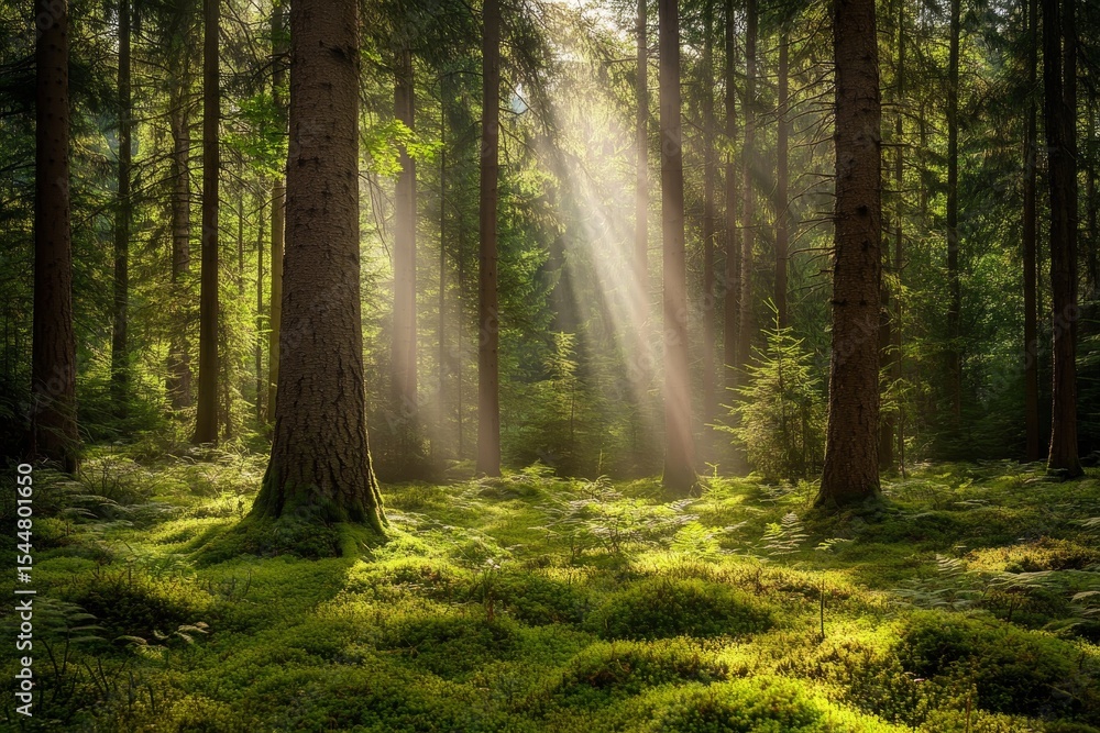 Fototapeta premium In the coniferous forest at dawn, sunlight filters through the branches and fog, surrounded by saturated green ferns and various other plants
