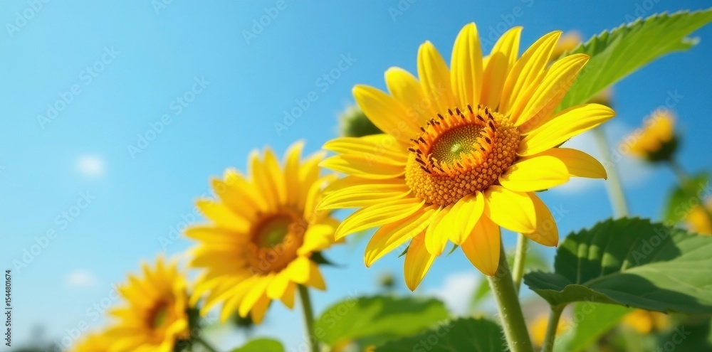 Close-up of lush sunflowers against a blue sky, colorful, petals, floral Close-up of lush sunflowers against a blue sky, colorful, petals, floral