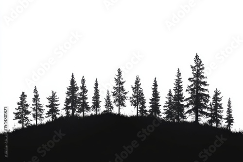 Whispers of the evergreen forest a silent silhouette on a hill with dark in white background. Generative Ai