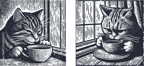 Cat sipping tea on a windowsill engraving woodcut grain texture illustration print cozy home scene vintage style detailed line art rustic decor nature calm serenity