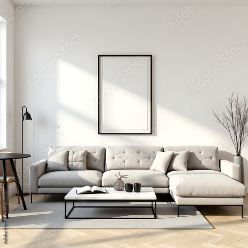 Modern Living Room Frame Mockup – ISO A Paper Size Poster on Wall, Interior Scene with Home Background, 3D Render for Art & Print Display