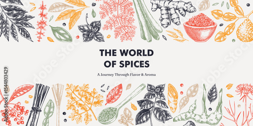 Kitchen spice and herbs background. Hand drawn basil, galangal, cumin, turmeric, lemongrass, lime sketches. Food design. NOT AI generated