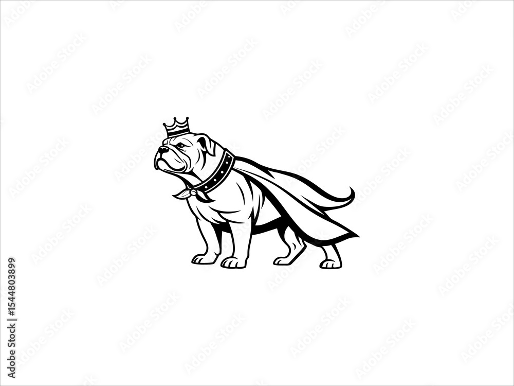 Fototapeta premium Black and White Vector Illustration of a Bulldog Wearing a Crown and Cape king