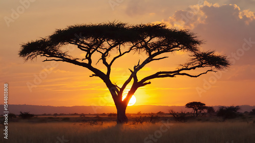 Fototapeta Naklejka Na Ścianę i Meble -  Silhouette of an acacia tree at sunset in the African savanna, creating a warm and tranquil atmosphere.