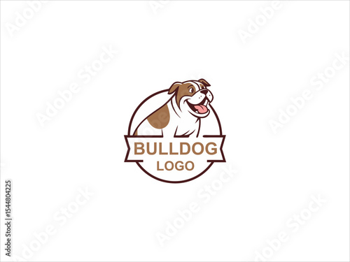 Brown and White Bulldog Logo Design V E C T O R illustration happy dog mascot brand identity cartoon style emblem circular badge