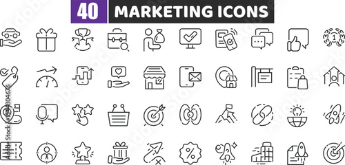 Marketing Outline Icons for Digital Strategy, Advertising, and E-commerce