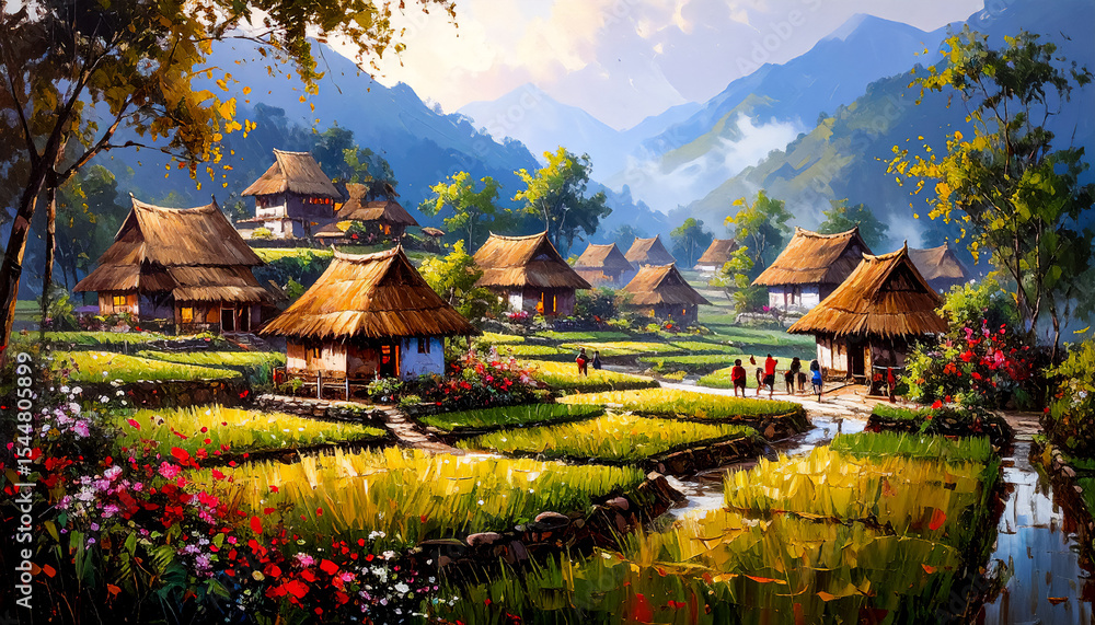 A village in the mountains with endless rice fields in the mountains, areal view of a rice terraces on mountain slopes A village in the mountains with endless rice fields in the mountains, areal view of a rice terraces on mountain slopes