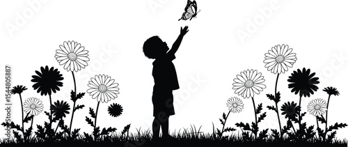 Silhouette child reaching butterfly, nature scene, floral background, outdoor innocence, childhood wonder, springtime meadow joy, environmental awareness, black and white art, peaceful eco concept