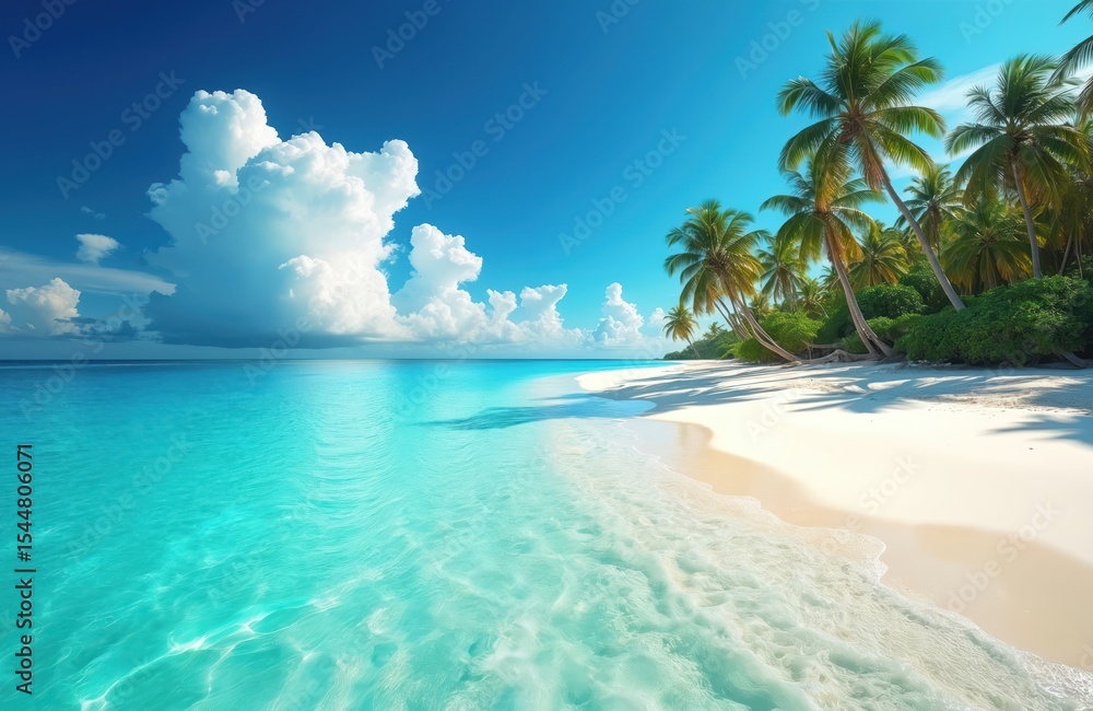 Fototapeta premium Idyllic tropical beach scene with turquoise water, white sand, and lush green palm trees. Clear blue sky, horizon over ocean. Perfect vacation destination, relaxation spot, sunny day, travel photo.