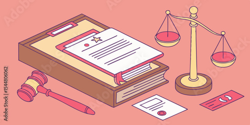 Legal concept layout on wooden office desk pink  background vector illustration 

