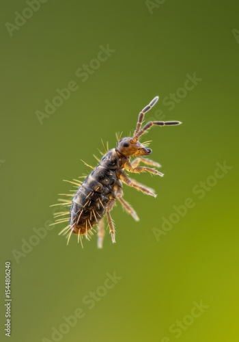 Close-up of a springtail insect in mid-air against a blurred green background
