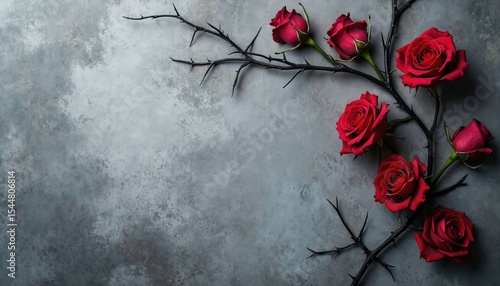 Fototapeta Naklejka Na Ścianę i Meble -  Dark vine with thorns, delicate red roses on textured gray background. Natural botanical image. Perfect for romantic, gothic designs. Artistic illustration for print, web, decor.
