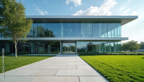 Wallpaper Mural Modern office building glass facade manicured lawn sunny day. Contemporary corporate structure design innovation, real estate development. Workplace environment, business, property. Headquarter, Torontodigital.ca