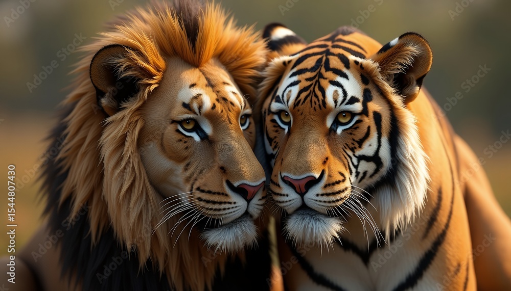 Fototapeta premium Lion and Tiger Closeup Portrait