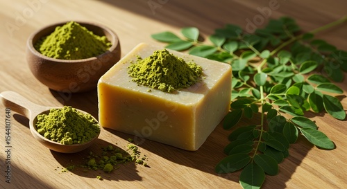 Natural Moringa Soap and Powder with Fresh Leaves Display


