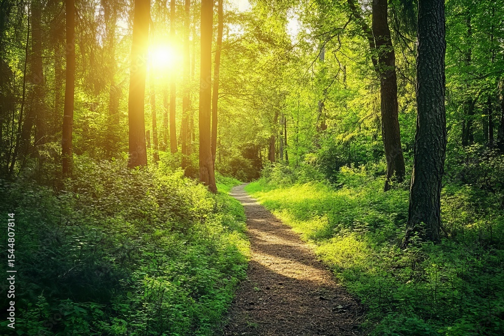 Fototapeta premium Summer view of pine and fir forest with a pathway in the park