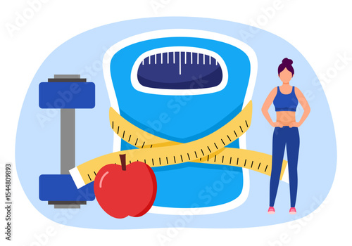 Weight scales, red apple, dumbbell, measuring tape and slimming woman. Weight loss, healthy lifestyles, diet, proper nutrition.